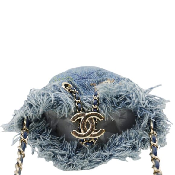 Chanel  Mood Logo Printed Quilted Denim Chain Bucket Bag Blue - Picture 10 of 15